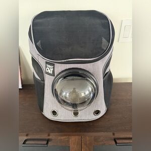 Travel Cat Gray Pet Backpack and leash.